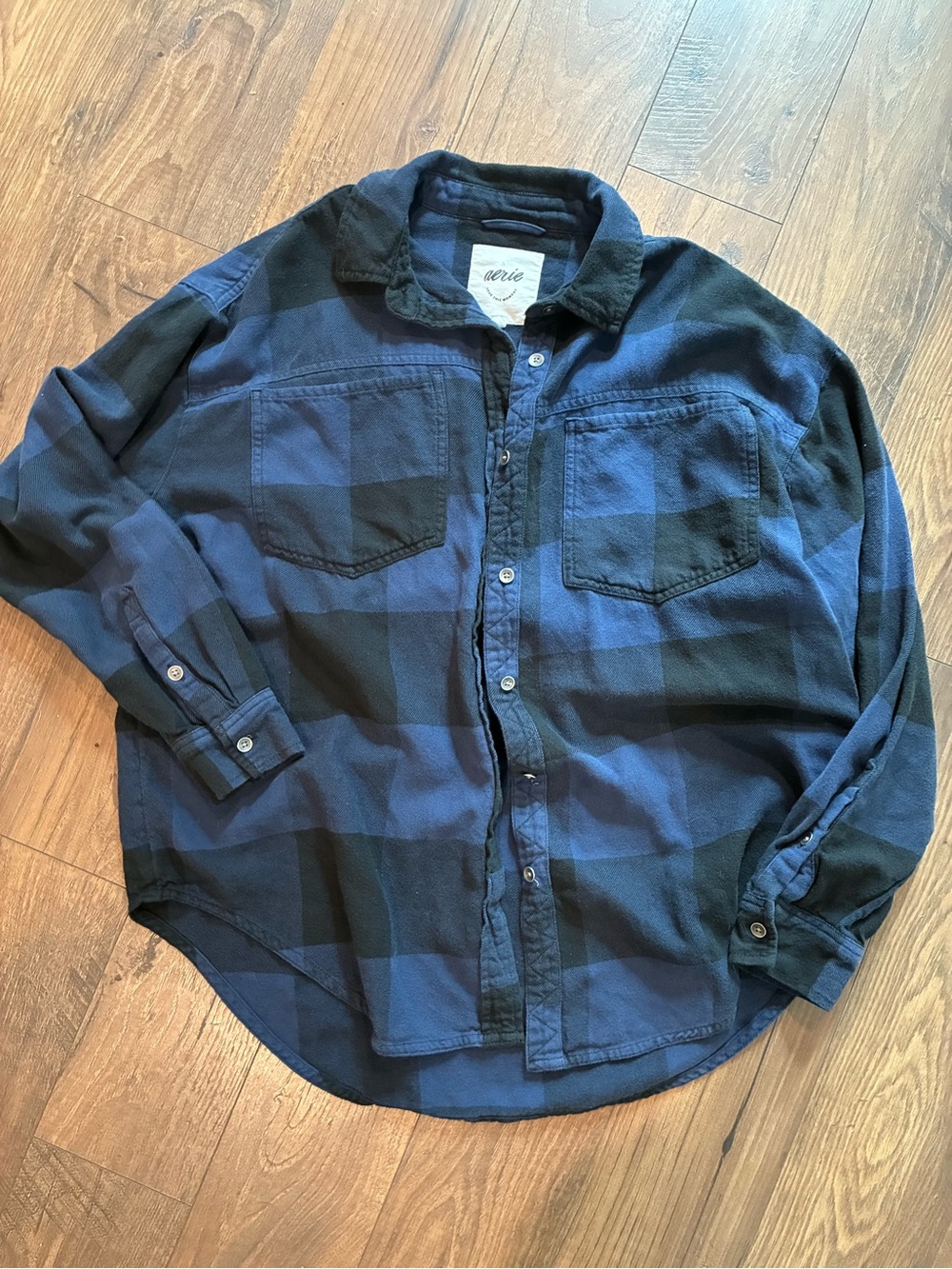 aerie Navy Blue and Black Plaid Button-Down Flannel Shirt